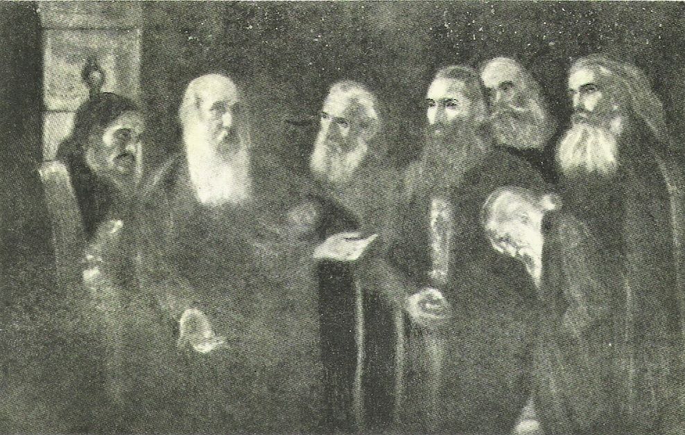 Ο Μητροπολίτης Αγχιάλου Ευγένιος Καραβίας μιλά στους συγκρατούμενους του στη φυλακή, έργο Έκτ. Δούκα